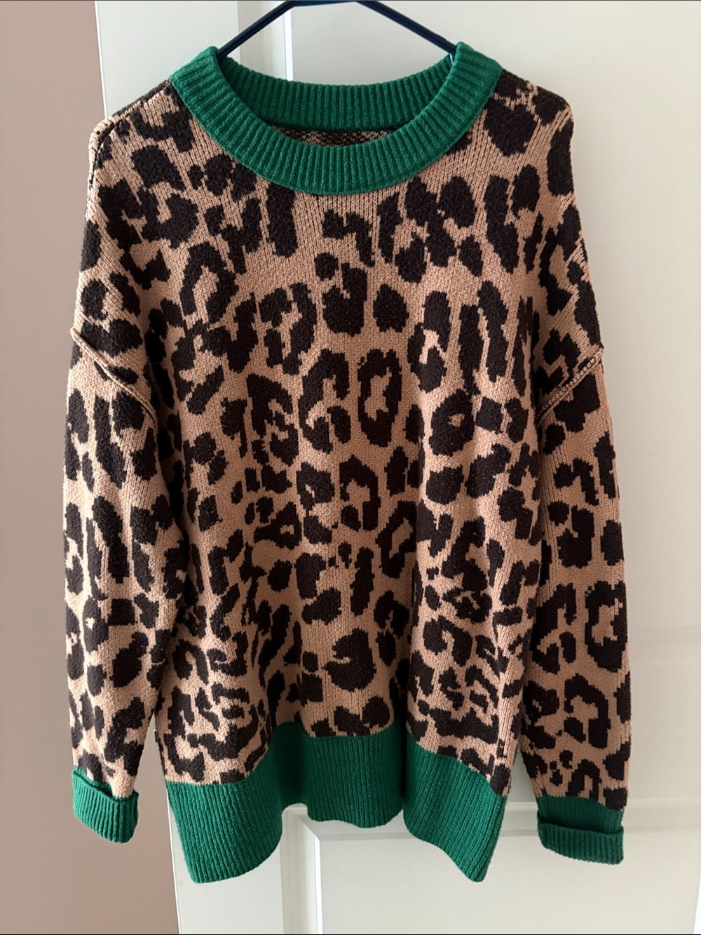 aerie Leopard Jacquard Crewneck Sweater with Green Trim
